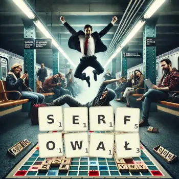 Kreatywna ilustracja do gry w Scrabble ze słowem SERFOWAŁ ułożonym z płytek na planszy.