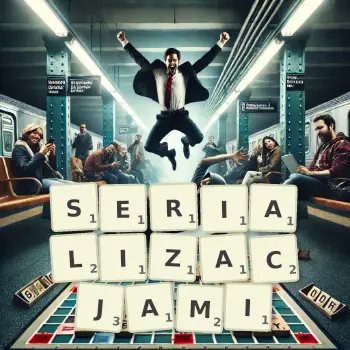 Kreatywna ilustracja do gry w Scrabble ze słowem SERIALIZACJAMI ułożonym z płytek na planszy.