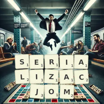 Kreatywna ilustracja do gry w Scrabble ze słowem SERIALIZACJOM ułożonym z płytek na planszy.