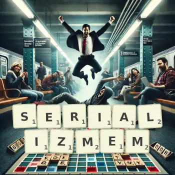 Kreatywna ilustracja do gry w Scrabble ze słowem SERIALIZMEM ułożonym z płytek na planszy.