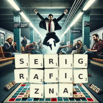 Kreatywna ilustracja do gry w Scrabble ze słowem SERIGRAFICZNA ułożonym z płytek na planszy.