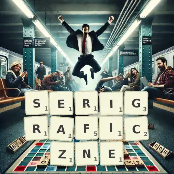 Kreatywna ilustracja do gry w Scrabble ze słowem SERIGRAFICZNE ułożonym z płytek na planszy.