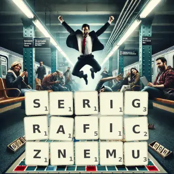Kreatywna ilustracja do gry w Scrabble ze słowem SERIGRAFICZNEMU ułożonym z płytek na planszy.
