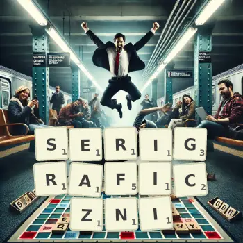 Kreatywna ilustracja do gry w Scrabble ze słowem SERIGRAFICZNI ułożonym z płytek na planszy.
