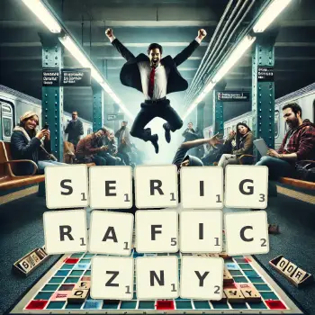 Kreatywna ilustracja do gry w Scrabble ze słowem SERIGRAFICZNY ułożonym z płytek na planszy.