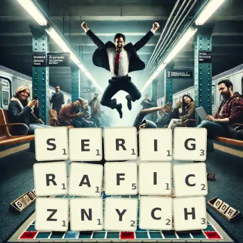 Kreatywna ilustracja do gry w Scrabble ze słowem SERIGRAFICZNYCH ułożonym z płytek na planszy.