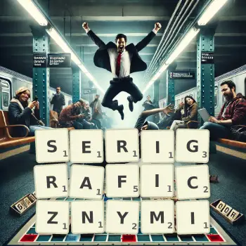 Kreatywna ilustracja do gry w Scrabble ze słowem SERIGRAFICZNYMI ułożonym z płytek na planszy.