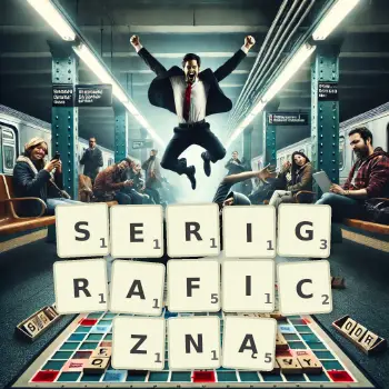 Kreatywna ilustracja do gry w Scrabble ze słowem SERIGRAFICZNĄ ułożonym z płytek na planszy.