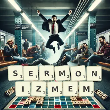 Kreatywna ilustracja do gry w Scrabble ze słowem SERMONIZMEM ułożonym z płytek na planszy.