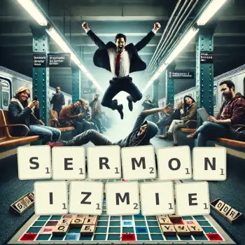 Kreatywna ilustracja do gry w Scrabble ze słowem SERMONIZMIE ułożonym z płytek na planszy.