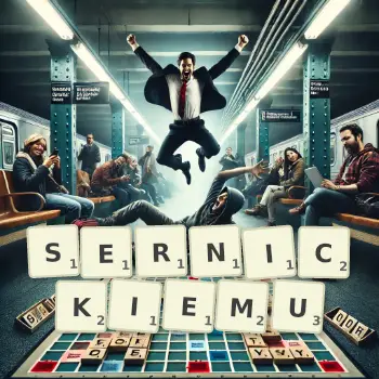 Kreatywna ilustracja do gry w Scrabble ze słowem SERNICKIEMU ułożonym z płytek na planszy.