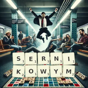 Kreatywna ilustracja do gry w Scrabble ze słowem SERNIKOWYM ułożonym z płytek na planszy.