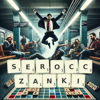 Kreatywna ilustracja do gry w Scrabble ze słowem SEROCCZANKI ułożonym z płytek na planszy.