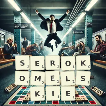 Kreatywna ilustracja do gry w Scrabble ze słowem SEROKOMELSKIE ułożonym z płytek na planszy.