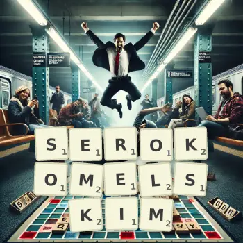 Kreatywna ilustracja do gry w Scrabble ze słowem SEROKOMELSKIM ułożonym z płytek na planszy.