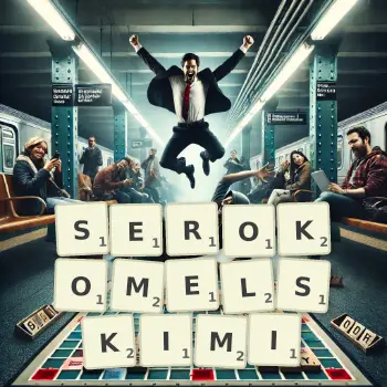 Kreatywna ilustracja do gry w Scrabble ze słowem SEROKOMELSKIMI ułożonym z płytek na planszy.