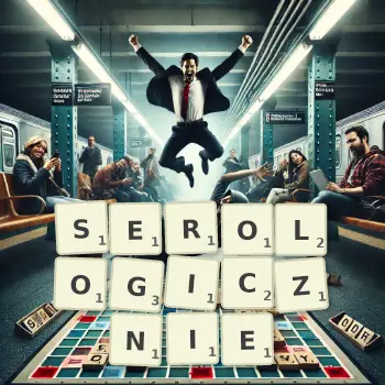 Kreatywna ilustracja do gry w Scrabble ze słowem SEROLOGICZNIE ułożonym z płytek na planszy.