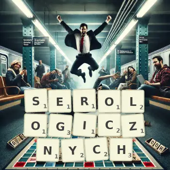 Kreatywna ilustracja do gry w Scrabble ze słowem SEROLOGICZNYCH ułożonym z płytek na planszy.