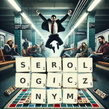 Kreatywna ilustracja do gry w Scrabble ze słowem SEROLOGICZNYM ułożonym z płytek na planszy.