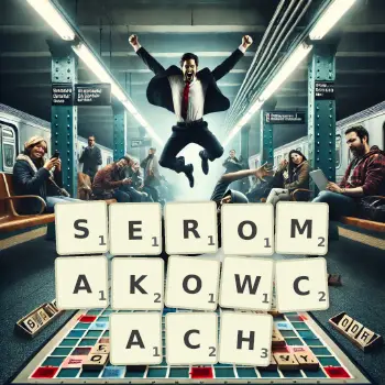 Kreatywna ilustracja do gry w Scrabble ze słowem SEROMAKOWCACH ułożonym z płytek na planszy.