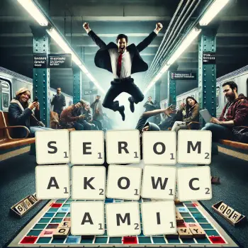 Kreatywna ilustracja do gry w Scrabble ze słowem SEROMAKOWCAMI ułożonym z płytek na planszy.