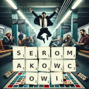 Kreatywna ilustracja do gry w Scrabble ze słowem SEROMAKOWCOWI ułożonym z płytek na planszy.