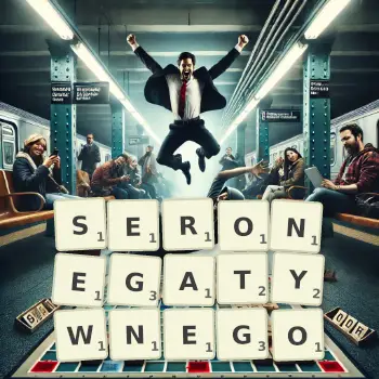 Kreatywna ilustracja do gry w Scrabble ze słowem SERONEGATYWNEGO ułożonym z płytek na planszy.