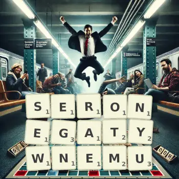 Kreatywna ilustracja do gry w Scrabble ze słowem SERONEGATYWNEMU ułożonym z płytek na planszy.