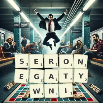 Kreatywna ilustracja do gry w Scrabble ze słowem SERONEGATYWNI ułożonym z płytek na planszy.