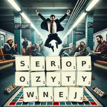 Kreatywna ilustracja do gry w Scrabble ze słowem SEROPOZYTYWNEJ ułożonym z płytek na planszy.