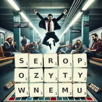 Kreatywna ilustracja do gry w Scrabble ze słowem SEROPOZYTYWNEMU ułożonym z płytek na planszy.