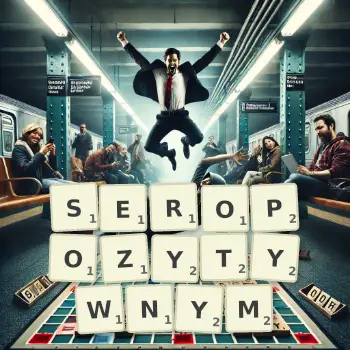 Kreatywna ilustracja do gry w Scrabble ze słowem SEROPOZYTYWNYM ułożonym z płytek na planszy.