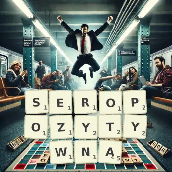 Kreatywna ilustracja do gry w Scrabble ze słowem SEROPOZYTYWNĄ ułożonym z płytek na planszy.