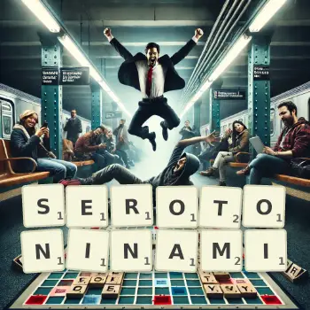 Kreatywna ilustracja do gry w Scrabble ze słowem SEROTONINAMI ułożonym z płytek na planszy.