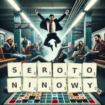 Kreatywna ilustracja do gry w Scrabble ze słowem SEROTONINOWY ułożonym z płytek na planszy.