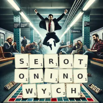 Kreatywna ilustracja do gry w Scrabble ze słowem SEROTONINOWYCH ułożonym z płytek na planszy.