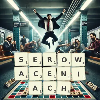 Kreatywna ilustracja do gry w Scrabble ze słowem SEROWACENIACH ułożonym z płytek na planszy.