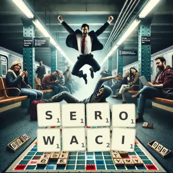 Kreatywna ilustracja do gry w Scrabble ze słowem SEROWACI ułożonym z płytek na planszy.