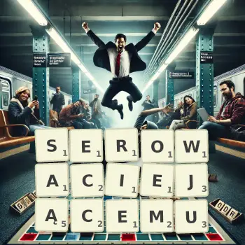 Kreatywna ilustracja do gry w Scrabble ze słowem SEROWACIEJĄCEMU ułożonym z płytek na planszy.