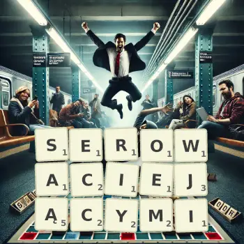 Kreatywna ilustracja do gry w Scrabble ze słowem SEROWACIEJĄCYMI ułożonym z płytek na planszy.