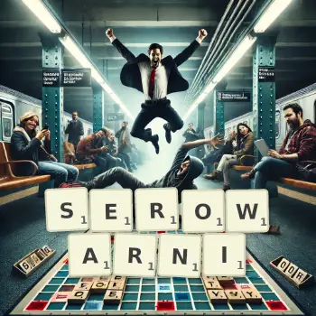 Kreatywna ilustracja do gry w Scrabble ze słowem SEROWARNI ułożonym z płytek na planszy.