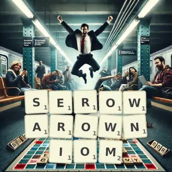 Kreatywna ilustracja do gry w Scrabble ze słowem SEROWAROWNIOM ułożonym z płytek na planszy.