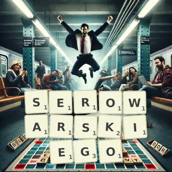 Kreatywna ilustracja do gry w Scrabble ze słowem SEROWARSKIEGO ułożonym z płytek na planszy.