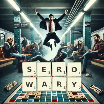 Kreatywna ilustracja do gry w Scrabble ze słowem SEROWARY ułożonym z płytek na planszy.