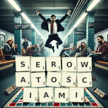 Kreatywna ilustracja do gry w Scrabble ze słowem SEROWATOŚCIAMI ułożonym z płytek na planszy.