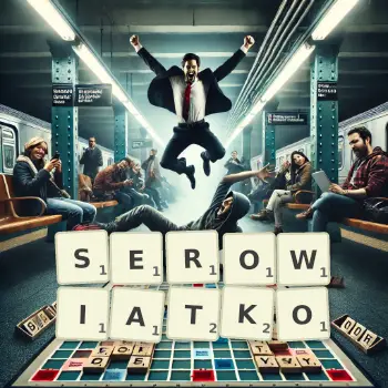 Kreatywna ilustracja do gry w Scrabble ze słowem SEROWIATKO ułożonym z płytek na planszy.