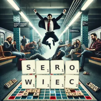 Kreatywna ilustracja do gry w Scrabble ze słowem SEROWIEC ułożonym z płytek na planszy.