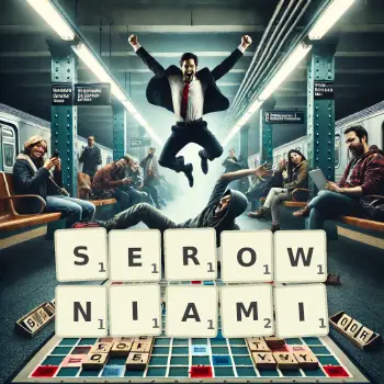 Kreatywna ilustracja do gry w Scrabble ze słowem SEROWNIAMI ułożonym z płytek na planszy.