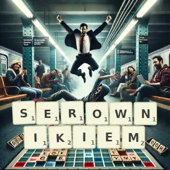 Kreatywna ilustracja do gry w Scrabble ze słowem SEROWNIKIEM ułożonym z płytek na planszy.