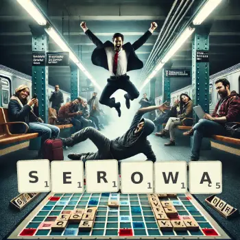 Kreatywna ilustracja do gry w Scrabble ze słowem SEROWĄ ułożonym z płytek na planszy.